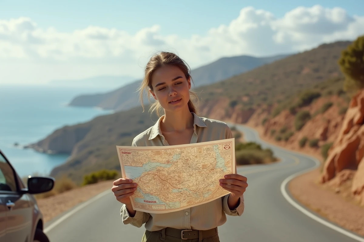 Voyageuse consultant une carte du nord du Maroc sur une route côtière lors d'un road trip