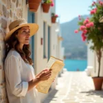 Voyageuse explorant une ruelle méditerranéenne secrète en Grèce avec une carte papier