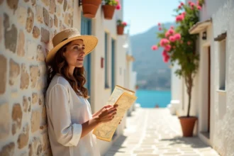 Voyageuse explorant une ruelle méditerranéenne secrète en Grèce avec une carte papier