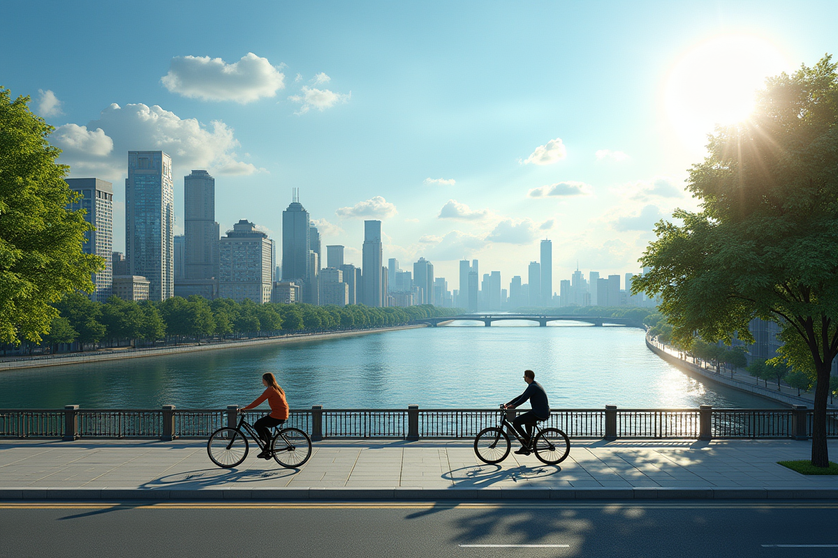 Couple à vélo sur une promenade au bord de la rivière