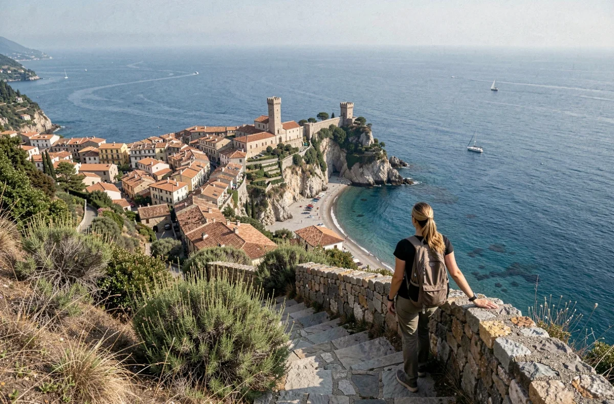 Vue panoramique depuis les hauteurs de Monterosso al Mare sur le village historique, la plage de Fegina et la mer Ligure