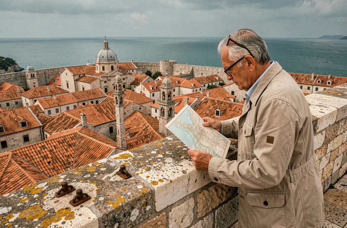 Vue panoramique depuis les remparts de Dubrovnik sur les toits de tuiles et la mer Adriatique