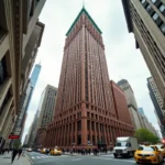 Vue en contre-plongée du Woolworth Building à Manhattan, détails gothiques en terre cuite et flèche verte emblématique du Financial District de New York