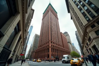 Vue en contre-plongée du Woolworth Building à Manhattan, détails gothiques en terre cuite et flèche verte emblématique du Financial District de New York